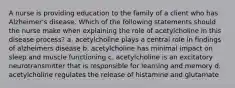 A nurse is providing education to the family of a client who has Alzheimer's disease. Which of the following statements should the nurse make when explaining the role of acetylcholine in this disease process? a. acetylcholine plays a central role in findings of alzheimers disease b. acetylcholine has minimal impact on sleep and muscle functioning c. acetylcholine is an excitatory neurotransmitter that is responsible for learning and memory d. acetylcholine regulates the release of histamine and glutamate