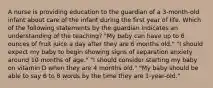 A nurse is providing education to the guardian of a 3-month-old infant about care of the infant during the first year of life. Which of the following statements by the guardian indicates an understanding of the teaching? "My baby can have up to 6 ounces of fruit juice a day after they are 6 months old." "I should expect my baby to begin showing signs of separation anxiety around 10 months of age." "I should consider starting my baby on vitamin D when they are 4 months old." "My baby should be able to say 6 to 8 words by the time they are 1-year-old."