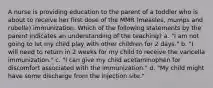 A nurse is providing education to the parent of a toddler who is about to receive her first dose of the MMR (measles, mumps and rubella) immunization. Which of the following statements by the parent indicates an understanding of the teaching? a. "I am not going to let my child play with other children for 2 days." b. "I will need to return in 2 weeks for my child to receive the varicella immunization." c. "I can give my child acetaminophen for discomfort associated with the immunization." d. "My child might have some discharge from the injection site."