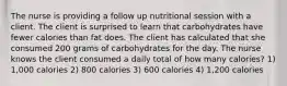 The nurse is providing a follow up nutritional session with a client. The client is surprised to learn that carbohydrates have fewer calories than fat does. The client has calculated that she consumed 200 grams of carbohydrates for the day. The nurse knows the client consumed a daily total of how many calories? 1) 1,000 calories 2) 800 calories 3) 600 calories 4) 1,200 calories