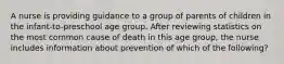 A nurse is providing guidance to a group of parents of children in the infant-to-preschool age group. After reviewing statistics on the most common cause of death in this age group, the nurse includes information about prevention of which of the following?