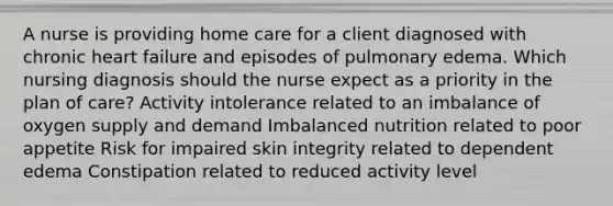 A nurse is providing home care for a client diagnosed with chronic heart failure and episodes of pulmonary edema. Which nursing diagnosis should the nurse expect as a priority in the plan of care? Activity intolerance related to an imbalance of oxygen supply and demand Imbalanced nutrition related to poor appetite Risk for impaired skin integrity related to dependent edema Constipation related to reduced activity level