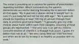 The nurse is providing an in-service for parents of preschoolers regarding nutrition. Which comments by the parents demonstrate successful learning following the in-service? Select all that apply. "My 4-year-old is above normal in weight but I'm sure it's just baby fat and will be lost with age." "My 4-year-old should be ingesting at least 700 mg of calcium through food daily to promote good bone health." "I generally give my child choices about foods within each food category, ensuring all food groups are represented." "The only way I can get my child to consume sources of vitamin C is through fruit juices. I guess it's better than not at all." "We very rarely feed our child fast food and when we do we try to keep it as healthy as possible with no soda."