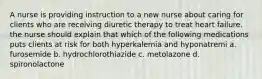 A nurse is providing instruction to a new nurse about caring for clients who are receiving diuretic therapy to treat heart failure. the nurse should explain that which of the following medications puts clients at risk for both hyperkalemia and hyponatremi a. furosemide b. hydrochlorothiazide c. metolazone d. spironolactone