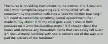 The nurse is providing instructions to the mother of a 3-year-old child with hemophilia regarding care of the child. Which statement by the mother indicates a need for further teaching? 1."I need to cancel the upcoming dental appointment that I made for my child." 2."If my child gets a cut, I should hold pressure on it until the bleeding stops." 3."I should check the house and remove any household items that can easily fall over." 4."I should move furniture with sharp corners out of the way and pad the corners of the furniture."