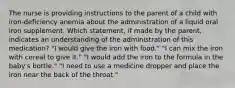 The nurse is providing instructions to the parent of a child with iron-deficiency anemia about the administration of a liquid oral iron supplement. Which statement, if made by the parent, indicates an understanding of the administration of this medication? "I would give the iron with food." "I can mix the iron with cereal to give it." "I would add the iron to the formula in the baby's bottle." "I need to use a medicine dropper and place the iron near the back of the throat."