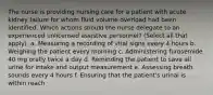 The nurse is providing nursing care for a patient with acute kidney failure for whom fluid volume overload had been identified. Which actions should the nurse delegate to an experienced unlicensed assistive personnel? (Select all that apply). a. Measuring a recording of vital signs every 4 hours b. Weighing the patient every morning c. Administering furosemide 40 mg orally twice a day d. Reminding the patient to save all urine for intake and output measurement e. Assessing breath sounds every 4 hours f. Ensuring that the patient's urinal is within reach