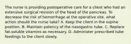 The nurse is providing postoperative care for a client who had an extensive surgical revision of the head of the pancreas. To decrease the risk of hemorrhage at the operative site, what action should the nurse take? A. Keep the client in the supine position. B. Maintain patency of the nasogastric tube. C. Replace fat-soluble vitamins as necessary. D. Administer prescribed tube feedings to the client slowly.