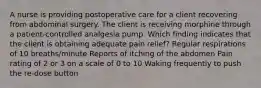 A nurse is providing postoperative care for a client recovering from abdominal surgery. The client is receiving morphine through a patient-controlled analgesia pump. Which finding indicates that the client is obtaining adequate pain relief? Regular respirations of 10 breaths/minute Reports of itching of the abdomen Pain rating of 2 or 3 on a scale of 0 to 10 Waking frequently to push the re-dose button