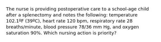 The nurse is providing postoperative care to a school-age child after a splenectomy and notes the following: temperature 102.1ºF (39ºC), heart rate 120 bpm, respiratory rate 28 breaths/minute, <a href='https://www.questionai.com/knowledge/kD0HacyPBr-blood-pressure' class='anchor-knowledge'>blood pressure</a> 78/36 mm Hg, and oxygen saturation 90%. Which nursing action is priority?