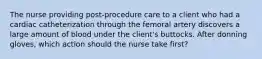 The nurse providing post-procedure care to a client who had a cardiac catheterization through the femoral artery discovers a large amount of blood under the client's buttocks. After donning gloves, which action should the nurse take first?