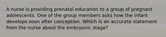 A nurse is providing prenatal education to a group of pregnant adolescents. One of the group members asks how the infant develops soon after conception. Which is an accurate statement from the nurse about the embryonic stage?