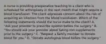 A nurse is providing preoperative teaching to a client who is scheduled for arthroplasty in the next month that might require a blood transfusion. The client expresses concern about the risk of acquiring an infection from the blood transfusion. Which of the following statements should the nurse make to the client? A. "Ask your provider to prescribe epoetin before the surgery." B. "You should ask your provider about taking iron supplements prior to the surgery." C. "Request a family member to donate blood for you." D. "Donate autologous blood before the surgery."