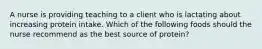 A nurse is providing teaching to a client who is lactating about increasing protein intake. Which of the following foods should the nurse recommend as the best source of protein?