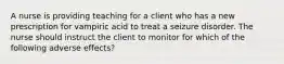 A nurse is providing teaching for a client who has a new prescription for vampiric acid to treat a seizure disorder. The nurse should instruct the client to monitor for which of the following adverse effects?