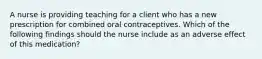 A nurse is providing teaching for a client who has a new prescription for combined oral contraceptives. Which of the following findings should the nurse include as an adverse effect of this medication?