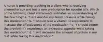 A nurse is providing teaching to a client who is receiving chemotherapy and has a new prescription for epoetin alfa. Which of the following client statements indicates an understanding of the teaching? a. "I will monitor my blood pressure while taking this medication." b. "I should take a vitamin D supplement to increase the effectiveness of the medication." c. "I should inform the provider if I experience an increased appetite while taking this medication." d. "I will decrease the amount of protein in my diet while taking this medication."