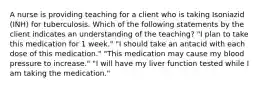 A nurse is providing teaching for a client who is taking Isoniazid (INH) for tuberculosis. Which of the following statements by the client indicates an understanding of the teaching? "I plan to take this medication for 1 week." "I should take an antacid with each dose of this medication." "This medication may cause my blood pressure to increase." "I will have my liver function tested while I am taking the medication."