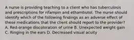 A nurse is providing teaching to a client who has tuberculosis and prescriptions for rifampin and ethambutol. The nurse should identify which of the following findings as an adverse effect of these medications that the client should report to the provider? A. Red-orange discoloration of urine B. Unexpected weight gain C. Ringing in the ears D. Decreased visual acuity