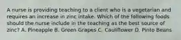 A nurse is providing teaching to a client who is a vegetarian and requires an increase in zinc intake. Which of the following foods should the nurse include in the teaching as the best source of zinc? A. Pineapple B. Green Grapes C. Cauliflower D. Pinto Beans