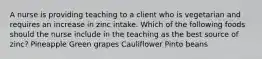 A nurse is providing teaching to a client who is vegetarian and requires an increase in zinc intake. Which of the following foods should the nurse include in the teaching as the best source of zinc? Pineapple Green grapes Cauliflower Pinto beans