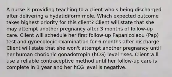 A nurse is providing teaching to a client who's being discharged after delivering a hydatidiform mole. Which expected outcome takes highest priority for this client? Client will state that she may attempt another pregnancy after 3 months of follow-up care. Client will schedule her first follow-up Papanicolaou (Pap) test and gynecologic examination for 6 months after discharge. Client will state that she won't attempt another pregnancy until her human chorionic gonadotropin (hCG) level rises. Client will use a reliable contraceptive method until her follow-up care is complete in 1 year and her hCG level is negative.