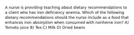 A nurse is providing teaching about dietary recommendations to a client who has iron deficiency anemia. Which of the following dietary recommendations should the nurse include as a food that enhances iron absorption when consumed with nonheme iron? A) Tomato juice B) Tea C) Milk D) Dried beans