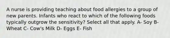 A nurse is providing teaching about food allergies to a group of new parents. Infants who react to which of the following foods typically outgrow the sensitivity? Select all that apply. A- Soy B- Wheat C- Cow's Milk D- Eggs E- Fish