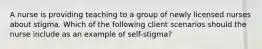 A nurse is providing teaching to a group of newly licensed nurses about stigma. Which of the following client scenarios should the nurse include as an example of self-stigma?