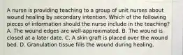 A nurse is providing teaching to a group of unit nurses about wound healing by secondary intention. Which of the following pieces of information should the nurse include in the teaching? A. The wound edges are well-approximated. B. The wound is closed at a later date. C. A skin graft is placed over the wound bed. D. Granulation tissue fills the wound during healing.