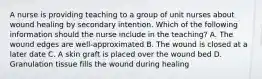 A nurse is providing teaching to a group of unit nurses about wound healing by secondary intention. Which of the following information should the nurse include in the teaching? A. The wound edges are well-approximated B. The wound is closed at a later date C. A skin graft is placed over the wound bed D. Granulation tissue fills the wound during healing