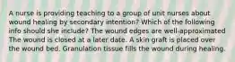 A nurse is providing teaching to a group of unit nurses about wound healing by secondary intention? Which of the following info should she include? The wound edges are well-approximated The wound is closed at a later date. A skin graft is placed over the wound bed. Granulation tissue fills the wound during healing.