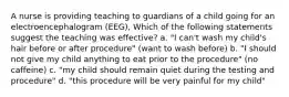 A nurse is providing teaching to guardians of a child going for an electroencephalogram (EEG), Which of the following statements suggest the teaching was effective? a. "I can't wash my child's hair before or after procedure" (want to wash before) b. "I should not give my child anything to eat prior to the procedure" (no caffeine) c. "my child should remain quiet during the testing and procedure" d. "this procedure will be very painful for my child"