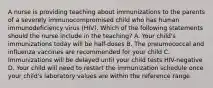 A nurse is providing teaching about immunizations to the parents of a severely immunocompromised child who has human immunodeficiency virus (HIV). Which of the following statements should the nurse include in the teaching? A. Your child's immunizations today will be half-doses B. The pneumococcal and influenza vaccines are recommended for your child C. Immunizations will be delayed until your child tests HIV-negative D. Your child will need to restart the immunization schedule once your child's laboratory values are within the reference range