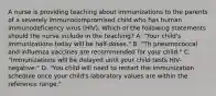 A nurse is providing teaching about immunizations to the parents of a severely immunocompromised child who has human immunodeficiency virus (HIV). Which of the following statements should the nurse include in the teaching? A. "Your child's immunizations today will be half-doses." B. "Th pneumococcal and influenza vaccines are recommended for your child." C. "Immunizations will be delayed until your child tests HIV-negative." D. "You child will need to restart the immunization schedule once your child's laboratory values are within the reference range."