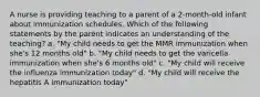 A nurse is providing teaching to a parent of a 2-month-old infant about immunization schedules. Which of the following statements by the parent indicates an understanding of the teaching? a. "My child needs to get the MMR immunization when she's 12 months old" b. "My child needs to get the varicella immunization when she's 6 months old" c. "My child will receive the influenza immunization today" d. "My child will receive the hepatitis A immunization today"