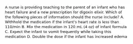 A nurse is providing teaching to the parent of an infant who has heart failure and a new prescription for digoxin elixir. Which of the following pieces of information should the nurse include? A. Withhold the medication if the infant's heart rate is less than 110/min B. Mix the medication in 120 mL (4 oz) of infant formula C. Expect the infant to vomit frequently while taking this medication D. Double the dose if the infant has increased edema