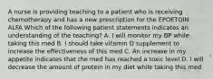 A nurse is providing teaching to a patient who is receiving chemotherapy and has a new prescription for the EPOETOIN ALFA Which of the following patient statements indicates an understanding of the teaching? A. I will monitor my BP while taking this med B. I should take vitamin D supplement to increase the effectiveness of this med C. An increase in my appetite indicates that the med has reached a toxic level D. I will decrease the amount of protein in my diet while taking this med