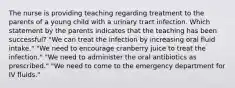 The nurse is providing teaching regarding treatment to the parents of a young child with a urinary tract infection. Which statement by the parents indicates that the teaching has been successful? "We can treat the infection by increasing oral fluid intake." "We need to encourage cranberry juice to treat the infection." "We need to administer the oral antibiotics as prescribed." "We need to come to the emergency department for IV fluids."