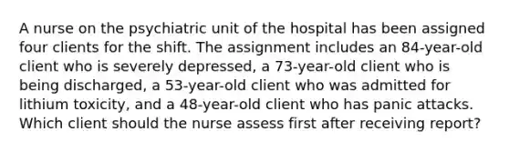 A nurse on the psychiatric unit of the hospital has been assigned four clients for the shift. The assignment includes an 84-year-old client who is severely depressed, a 73-year-old client who is being discharged, a 53-year-old client who was admitted for lithium toxicity, and a 48-year-old client who has panic attacks. Which client should the nurse assess first after receiving report?