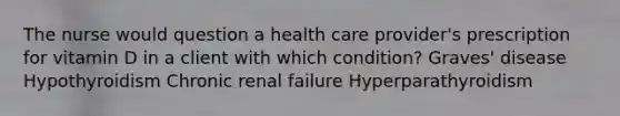 The nurse would question a health care provider's prescription for vitamin D in a client with which condition? Graves' disease Hypothyroidism Chronic renal failure Hyperparathyroidism