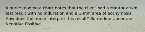 A nurse reading a chart notes that the client had a Mantoux skin test result with no induration and a 1-mm area of ecchymosis. How does the nurse interpret this result? Borderline Uncertain Negative Positive