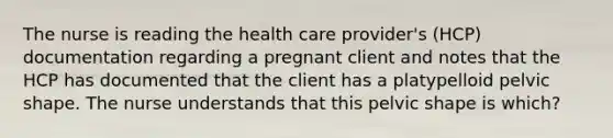 The nurse is reading the health care provider's (HCP) documentation regarding a pregnant client and notes that the HCP has documented that the client has a platypelloid pelvic shape. The nurse understands that this pelvic shape is which?