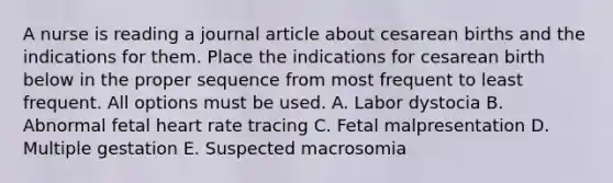 A nurse is reading a journal article about cesarean births and the indications for them. Place the indications for cesarean birth below in the proper sequence from most frequent to least frequent. All options must be used. A. Labor dystocia B. Abnormal fetal heart rate tracing C. Fetal malpresentation D. Multiple gestation E. Suspected macrosomia