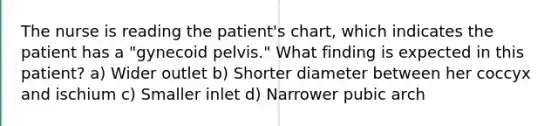 The nurse is reading the patient's chart, which indicates the patient has a "gynecoid pelvis." What finding is expected in this patient? a) Wider outlet b) Shorter diameter between her coccyx and ischium c) Smaller inlet d) Narrower pubic arch