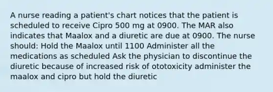 A nurse reading a patient's chart notices that the patient is scheduled to receive Cipro 500 mg at 0900. The MAR also indicates that Maalox and a diuretic are due at 0900. The nurse should: Hold the Maalox until 1100 Administer all the medications as scheduled Ask the physician to discontinue the diuretic because of increased risk of ototoxicity administer the maalox and cipro but hold the diuretic