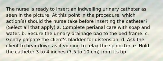 The nurse is ready to insert an indwelling urinary catheter as seen in the picture. At this point in the procedure, which action(s) should the nurse take before inserting the catheter? (Select all that apply) a. Complete perianal care with soap and water. b. Secure the urinary drainage bag to the bed frame. c. Gently palpate the client's bladder for distension. d. Ask the client to bear down as if voiding to relax the sphincter. e. Hold the catheter 3 to 4 inches (7.5 to 10 cm) from its tip.