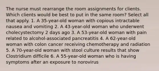 The nurse must rearrange the room assignments for clients. Which clients would be best to put in the same room? Select all that apply. 1. A 35-year-old woman with copious intractable nausea and vomiting 2. A 43-year-old woman who underwent cholecystectomy 2 days ago 3. A 53-year-old woman with pain related to alcohol-associated pancreatitis 4. A 62-year-old woman with colon cancer receiving chemotherapy and radiation 5. A 70-year-old woman with stool culture results that show Clostridium difficile 6. A 55-year-old woman who is having symptoms after an exposure to norovirus