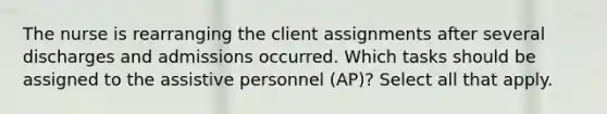 The nurse is rearranging the client assignments after several discharges and admissions occurred. Which tasks should be assigned to the assistive personnel (AP)? Select all that apply.