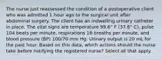 The nurse just reassessed the condition of a postoperative client who was admitted 1 hour ago to the surgical unit after abdominal surgery. The client has an indwelling urinary catheter in place. The vital signs are temperature 99.6° F (37.6° C), pulse 104 beats per minute, respirations 16 breaths per minute, and blood pressure (BP) 100/70 mm Hg. Urinary output is 20 mL for the past hour. Based on this data, which actions should the nurse take before notifying the registered nurse? Select all that apply.